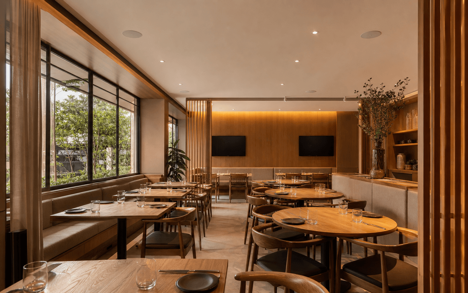 Restaurante com áudio e telas integrados ao ambiente